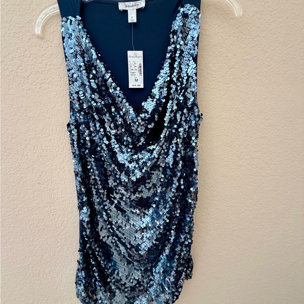 Dressbarn Women's Blue Sequin Cowl Neck Tank Top